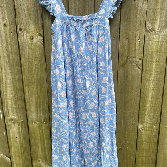 A New Day Blue Floral Print Maxi Dress Ruffle Sleeves Pockets Small Linen - Picture 7 of 10